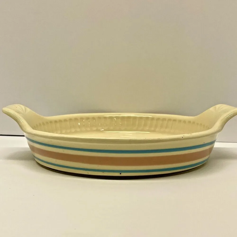 Vintage McCoy Stonecraft Pink Blue Stripe Au Gratin/Pie Plate 7031 USA 8.75-NICE